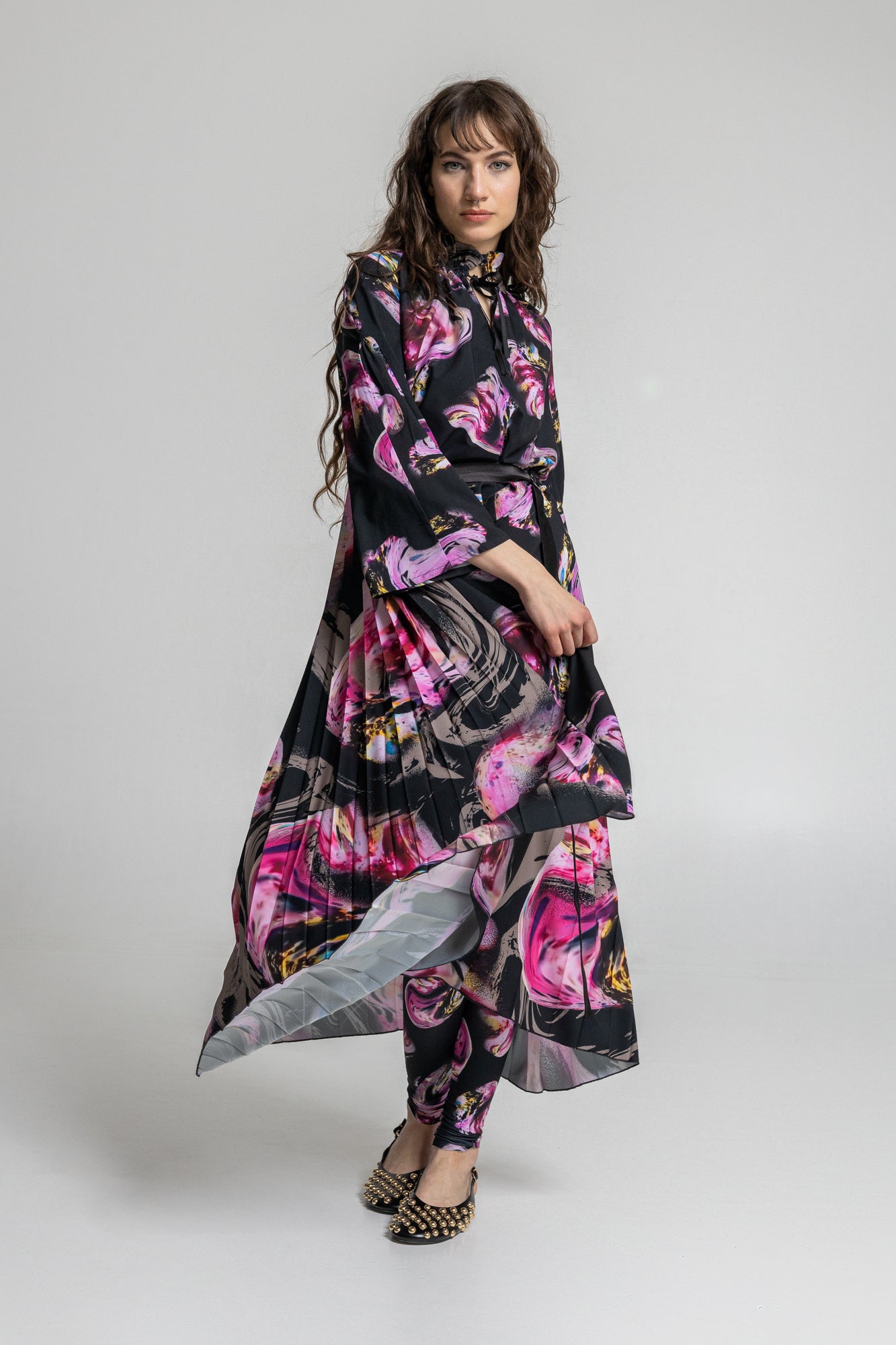 embellished a-line printed midi dress