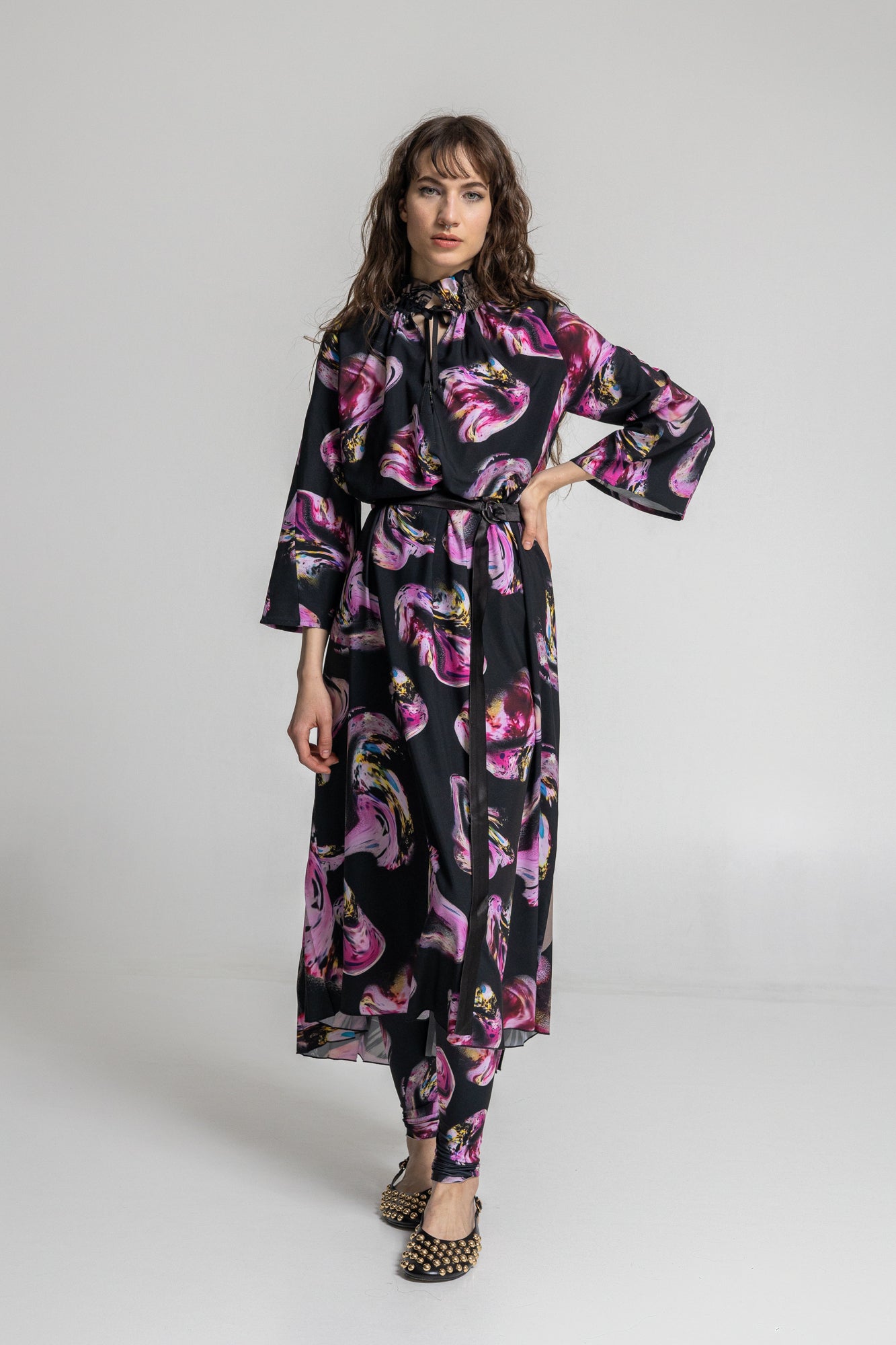 embellished midi dress with flared bell sleeves