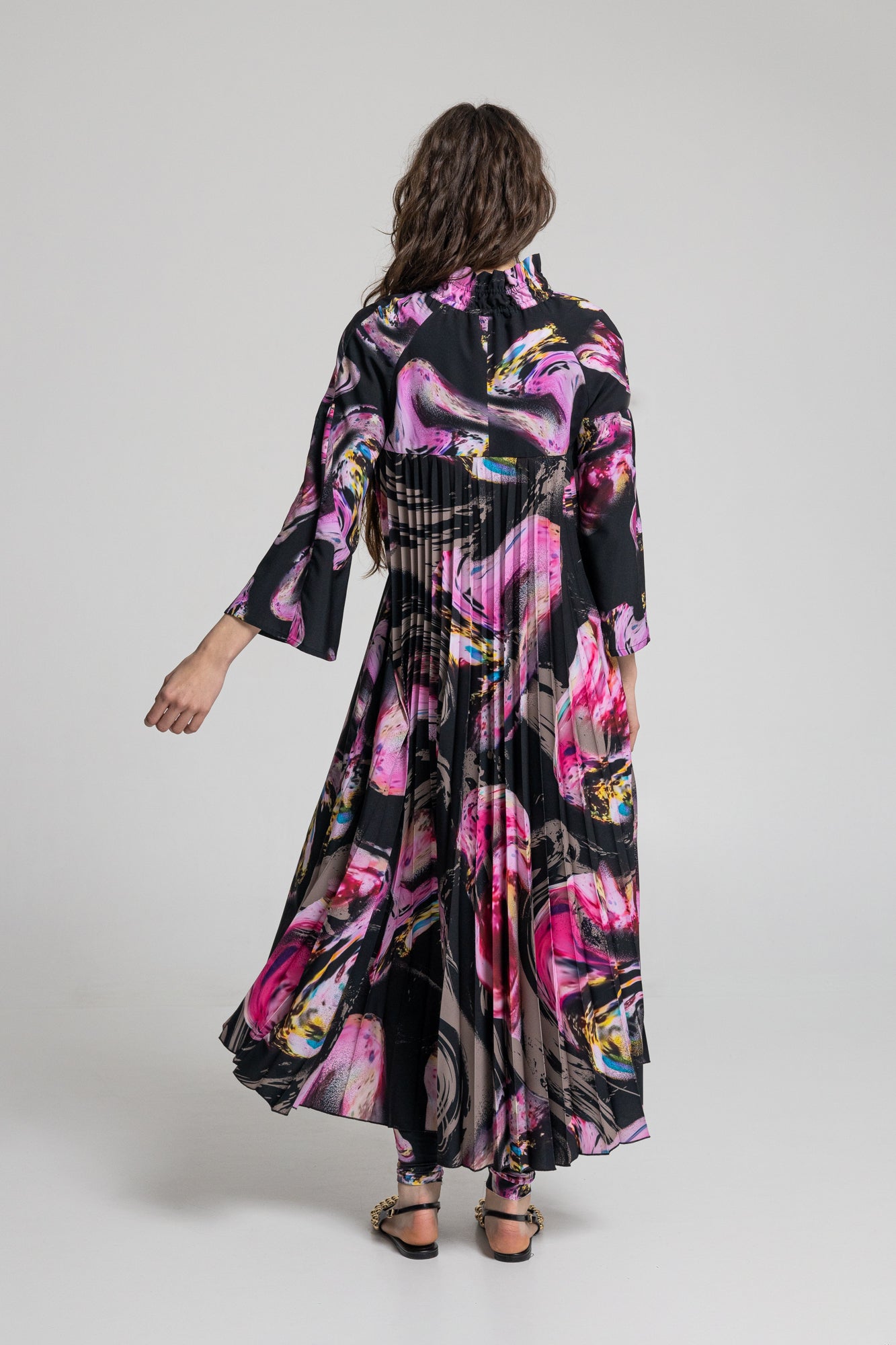 embellished printed midi length dress with pleat details on back
