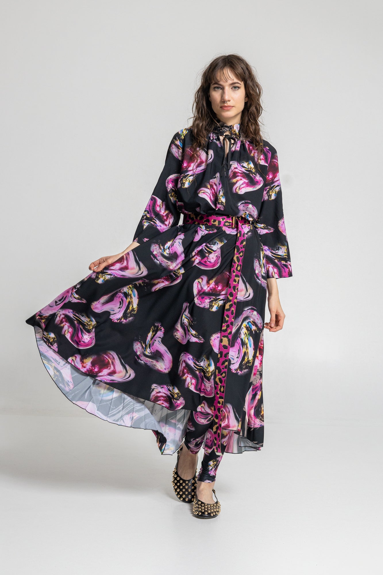 embellished unique printed midi dress from synthetic silk fabric