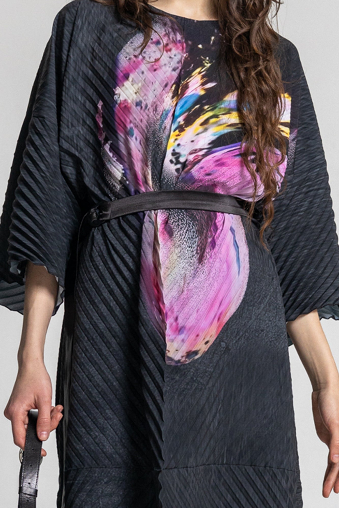 pleated maxi dress with extensive swirling opal print on front