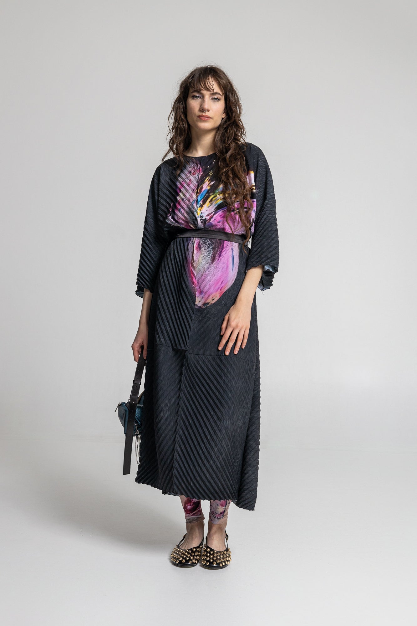 pleated maxi dress with inset black satin tie belt on waist
