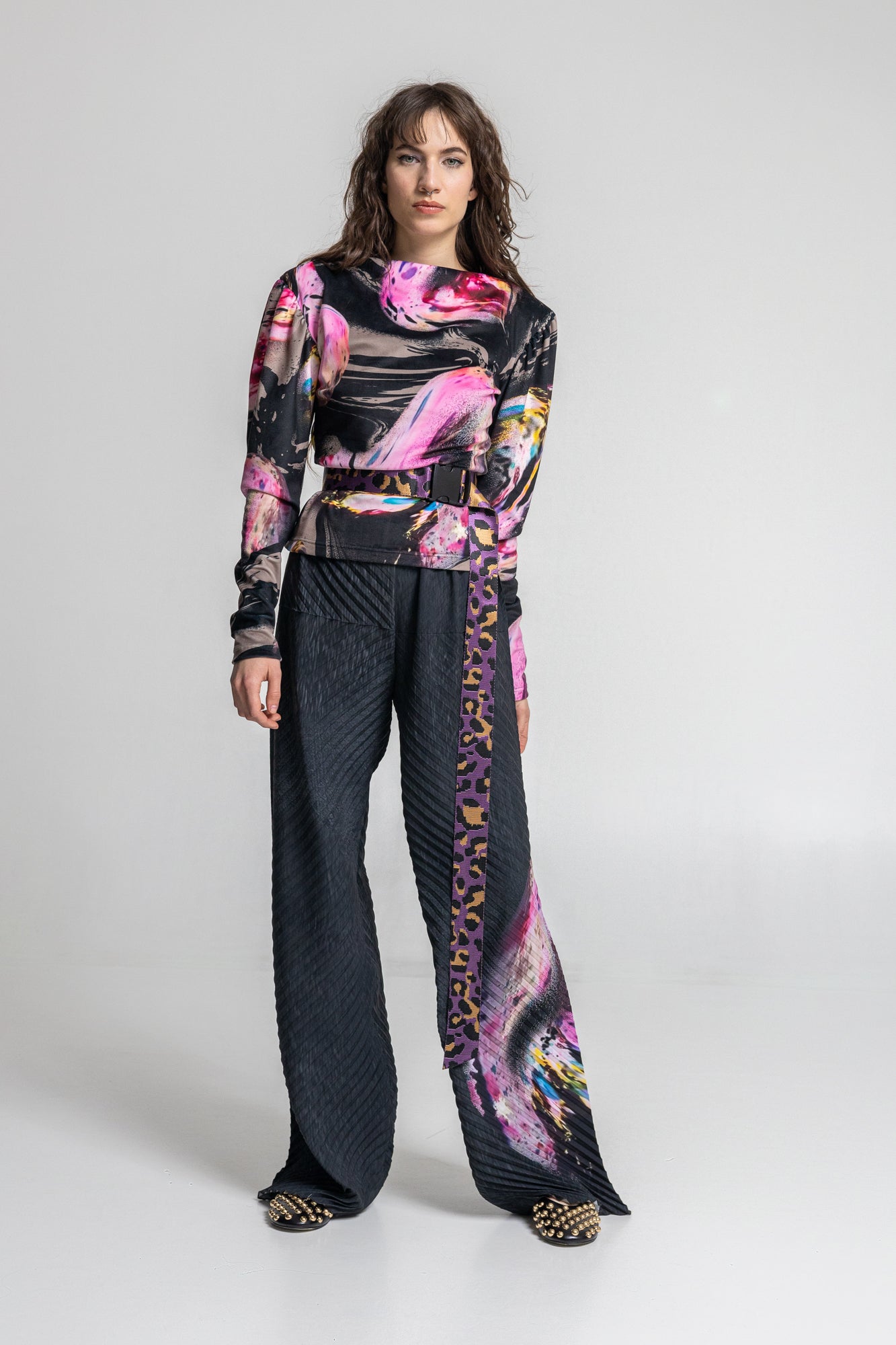 pleated straight leg pants from synthetic silk fabric