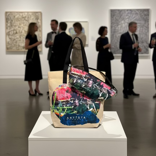 colorful tote bag and bum bag made by the painting of Ludovic Thiriez