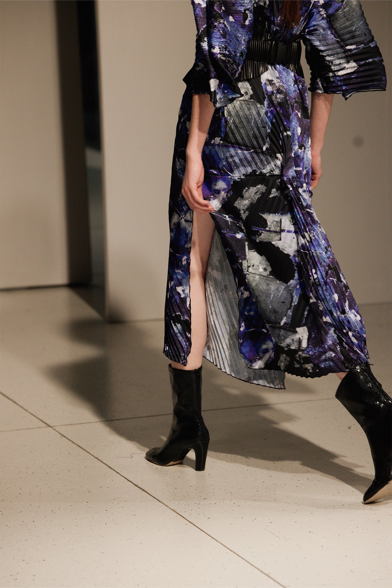 pleated printed midi dress with slits on both side