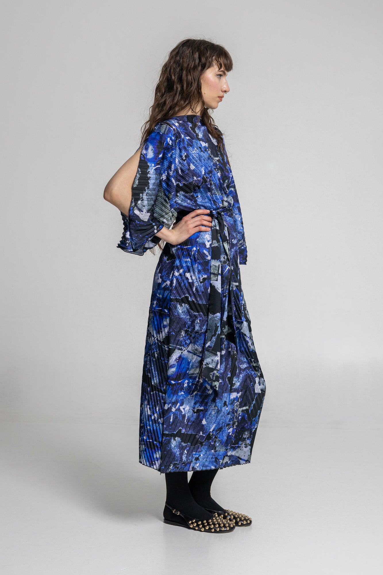 pleated digital printed midi dress with wide tie belt closing on waist