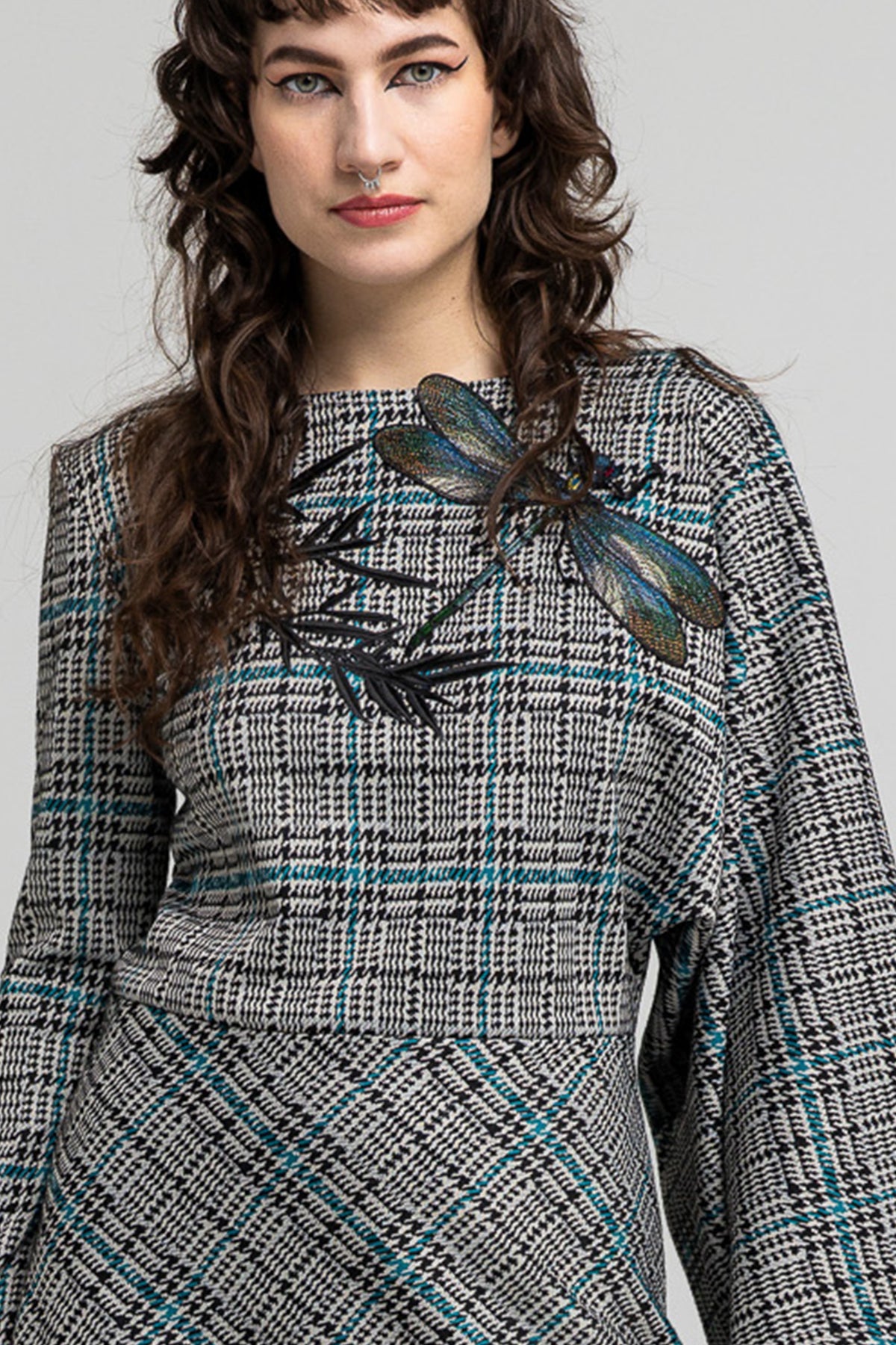 checkered midi dress with embroidered dragonfly motif on chest artista budapest
