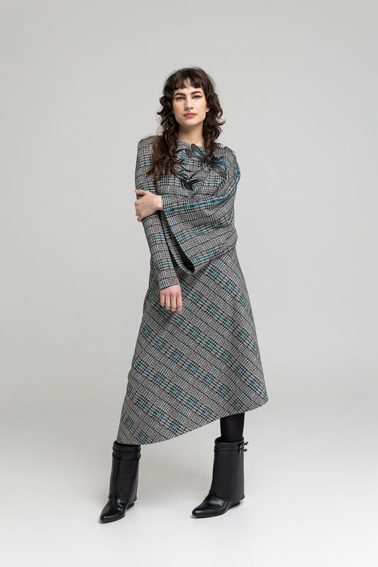 checkered midi dress with left kimono sleeve artista budapest