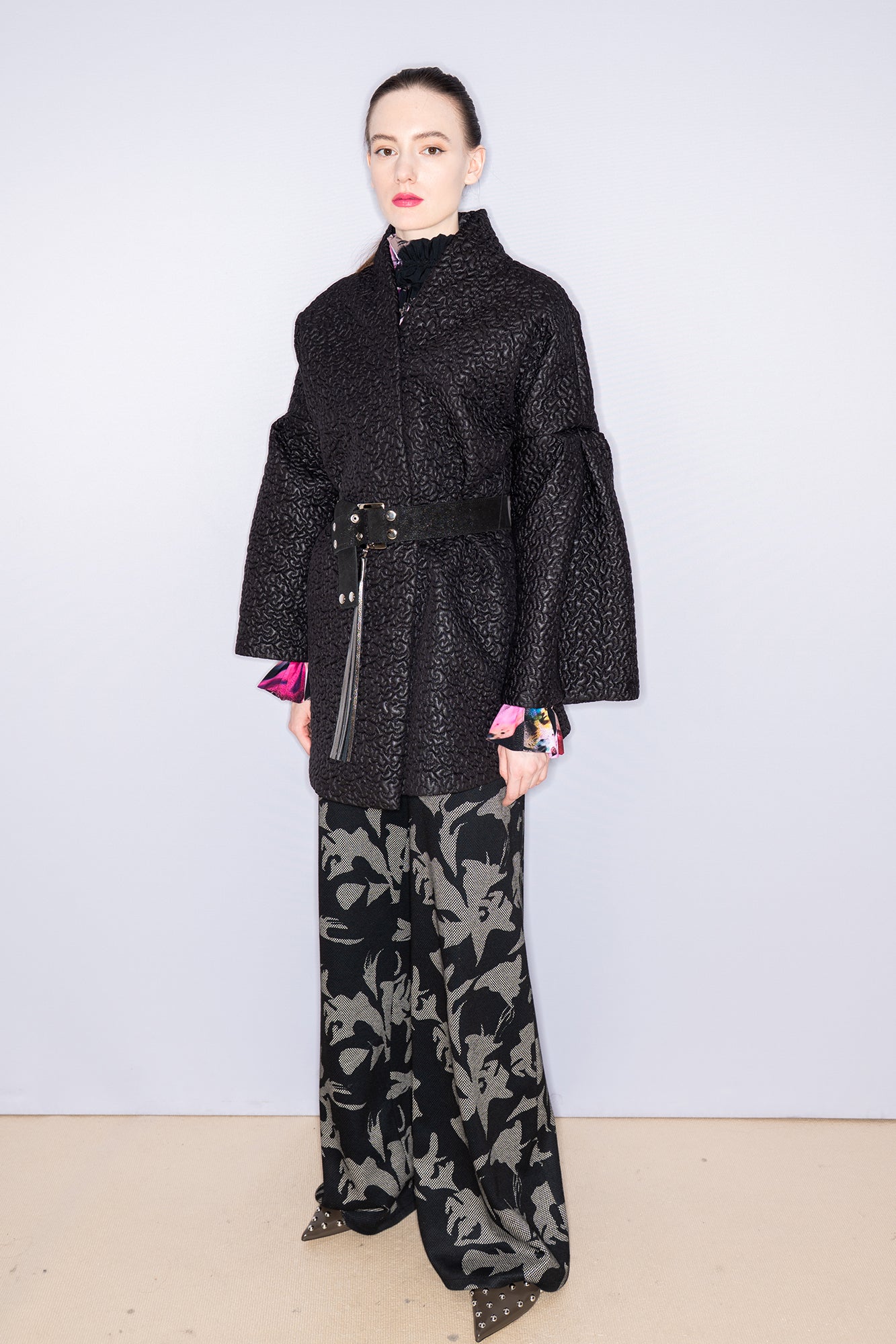 model wearing pin check printed wide palazzo leg pants at BCEFW