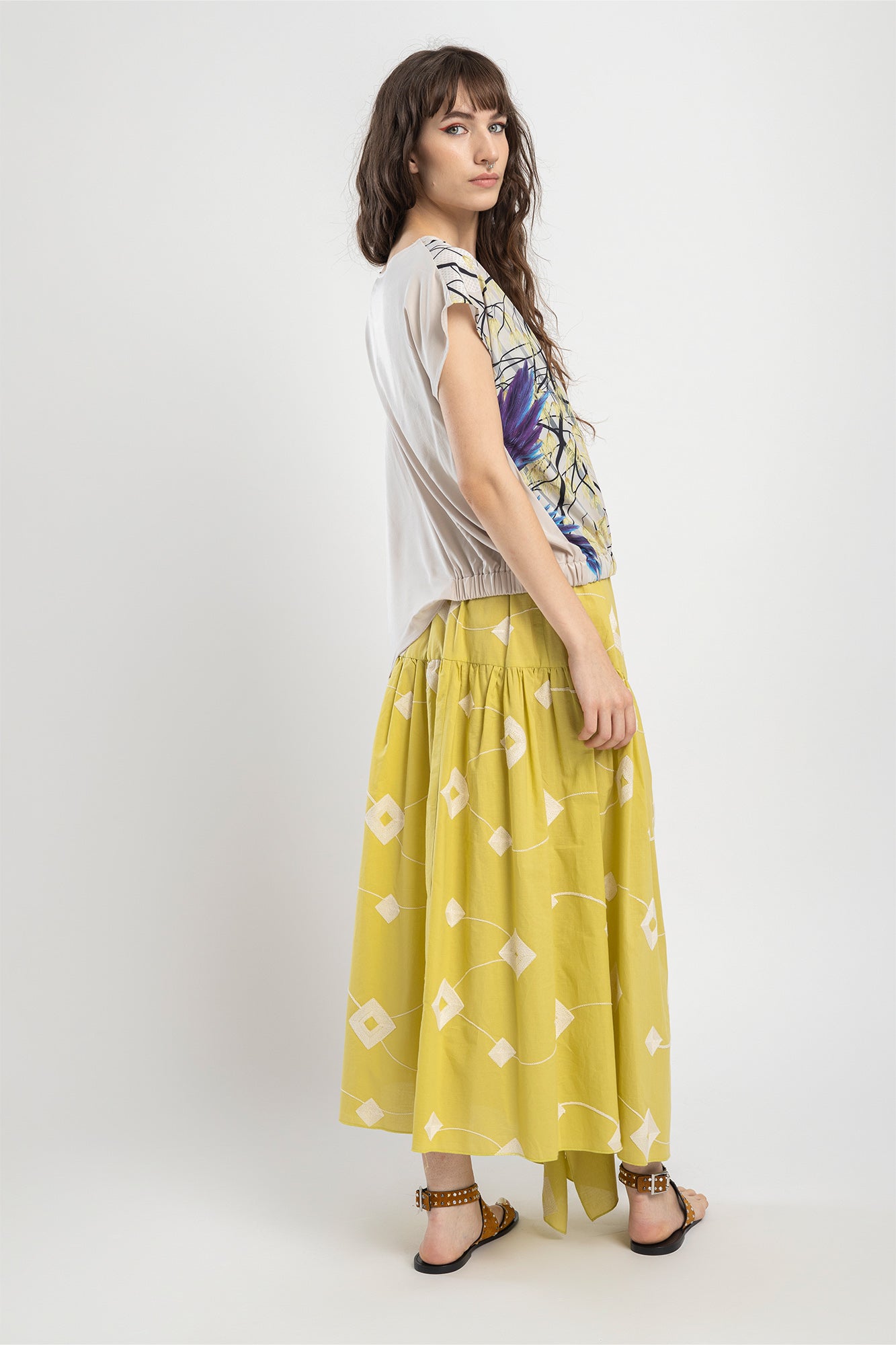 asymmetric cut top with unique printed design