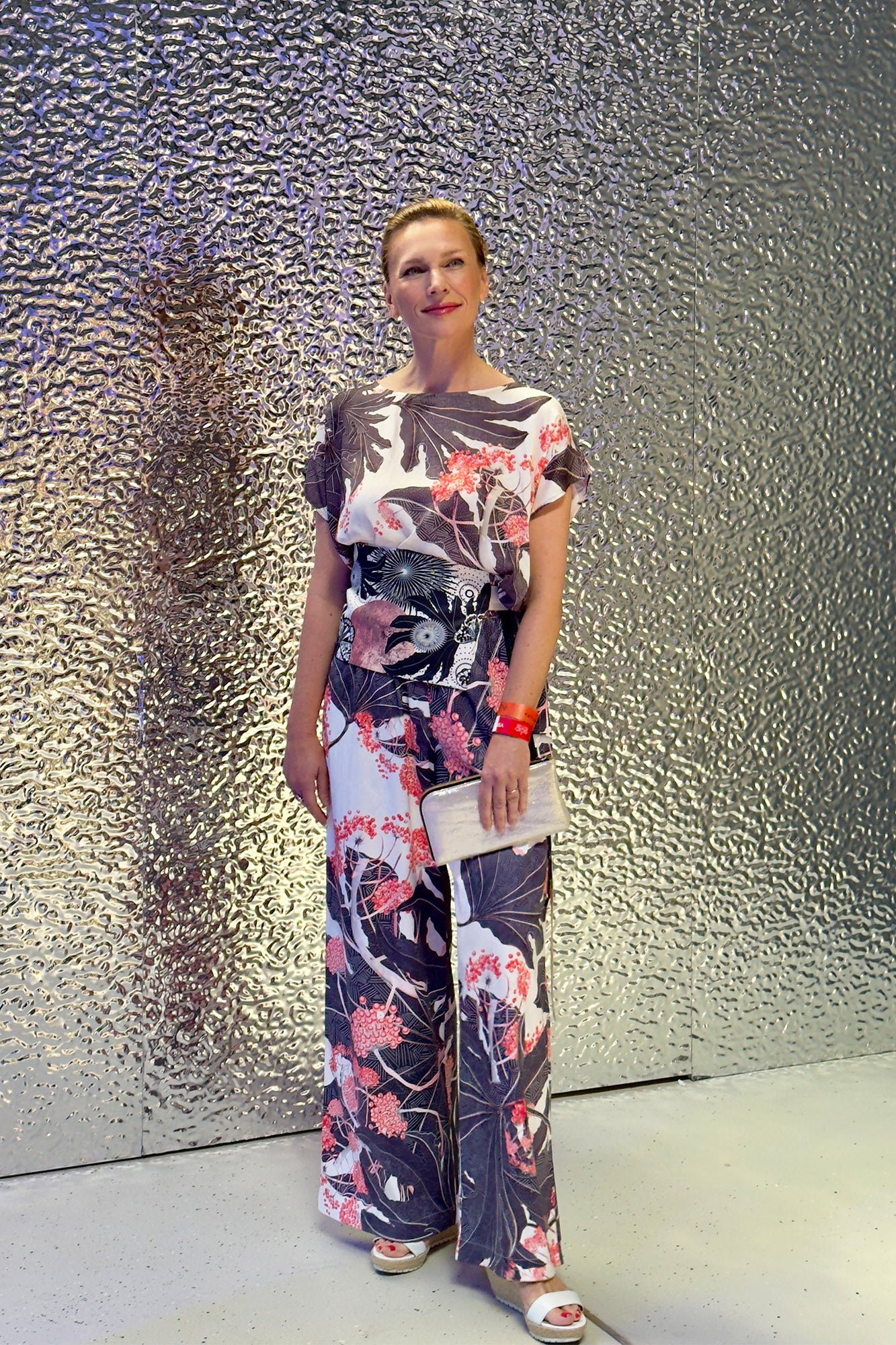 Unique printed BERRY palazzo pants worn by Hungarian actress Zsófi Szamosi at Budapest Central European Fashion Week