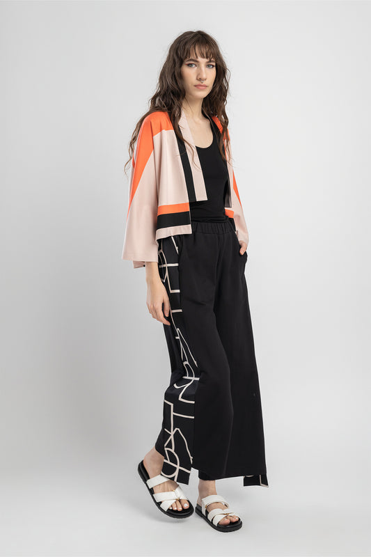 wide leg pants with black and white embellisments artista budapest