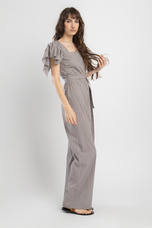 frilled jumpsuit with inset tie belt