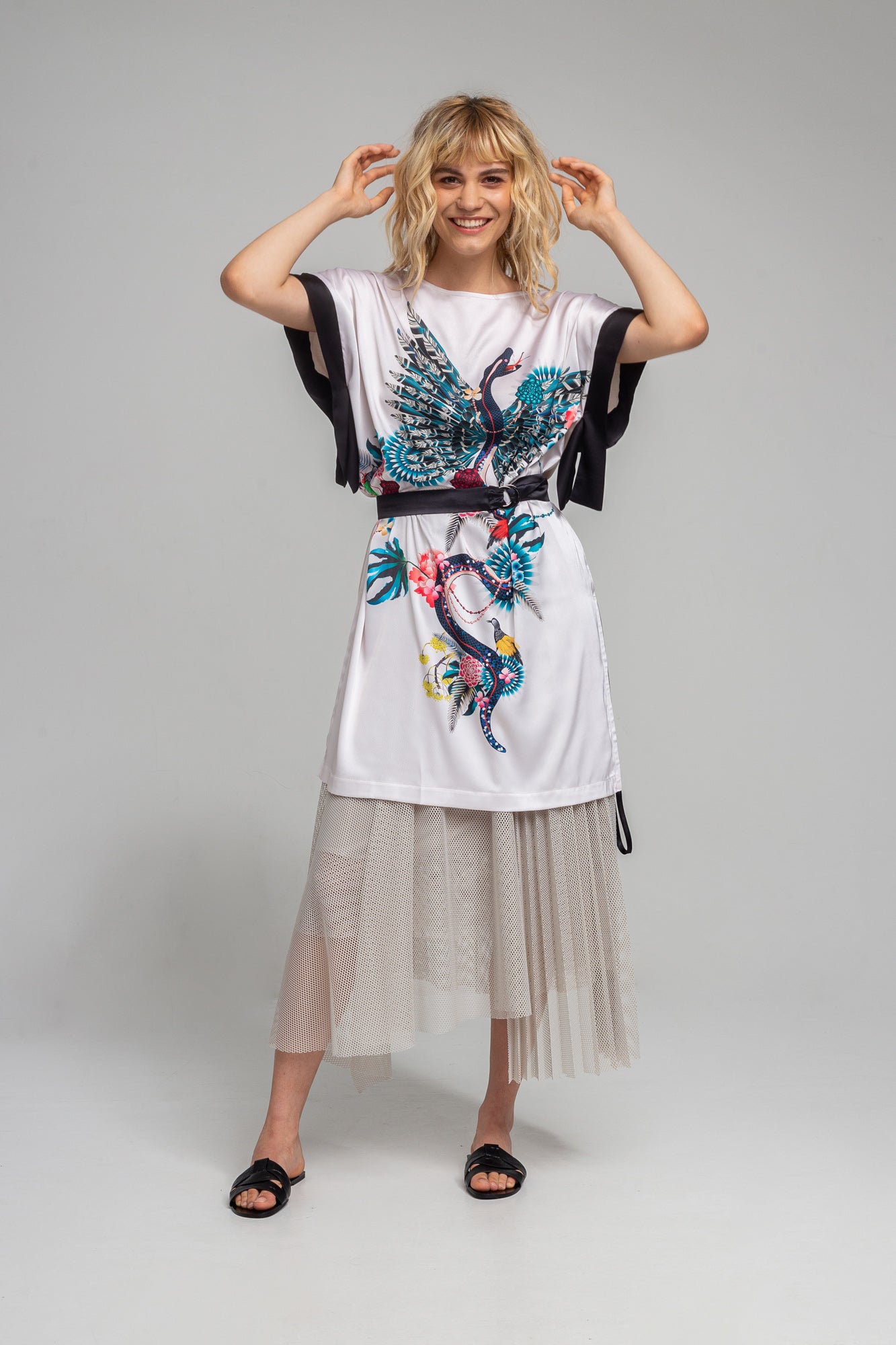 oriental printed dress with black satin tie belt artista budapest