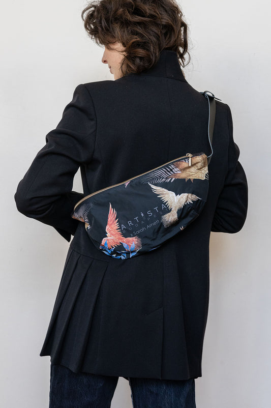 unique printed bum bag with adjustable leather strap