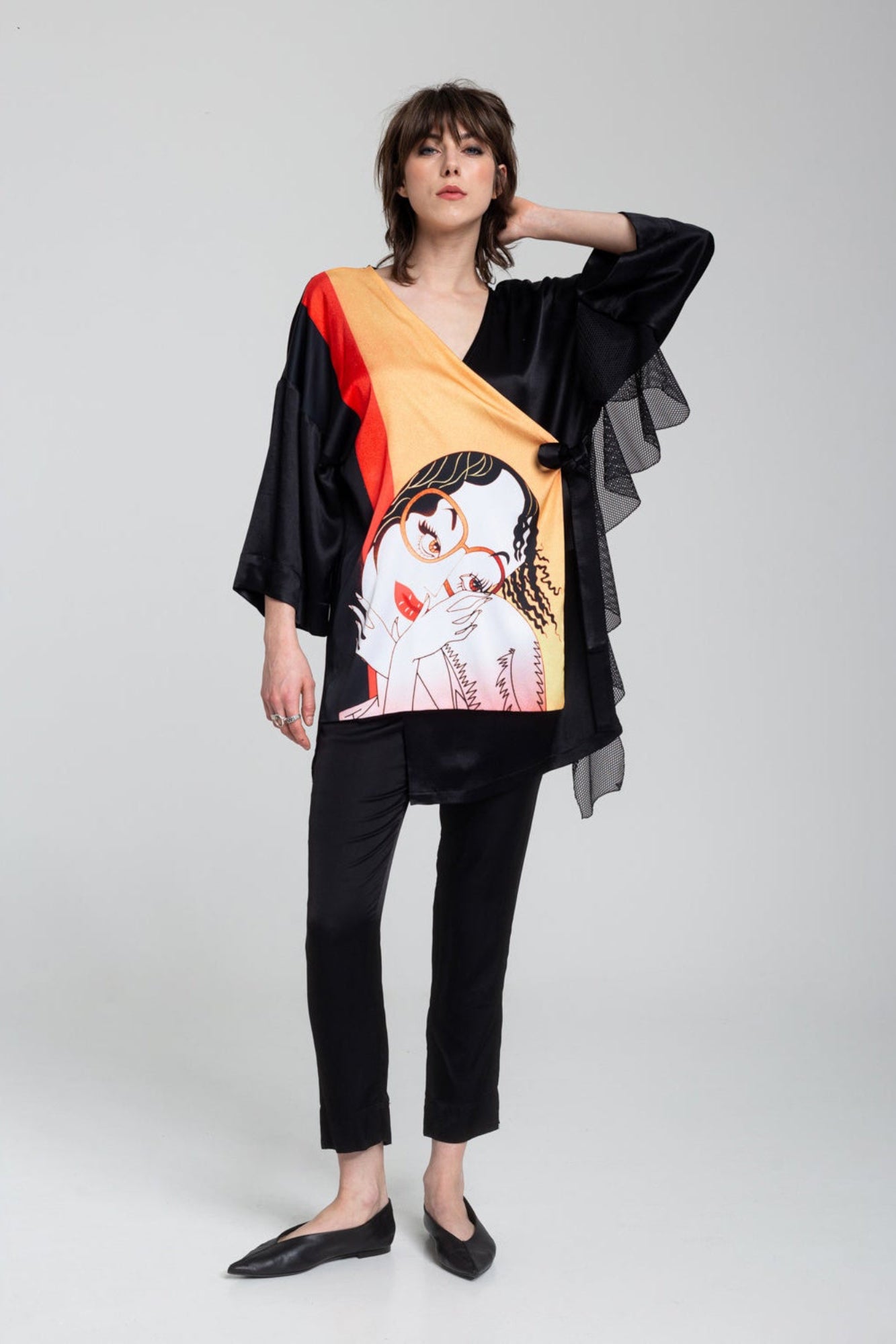 printed satin kimono with mesh frill details artista budapest