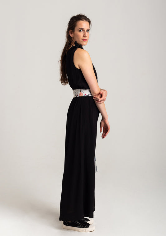 feminine jumpsuit with unique printed inset tie belt artista budapest