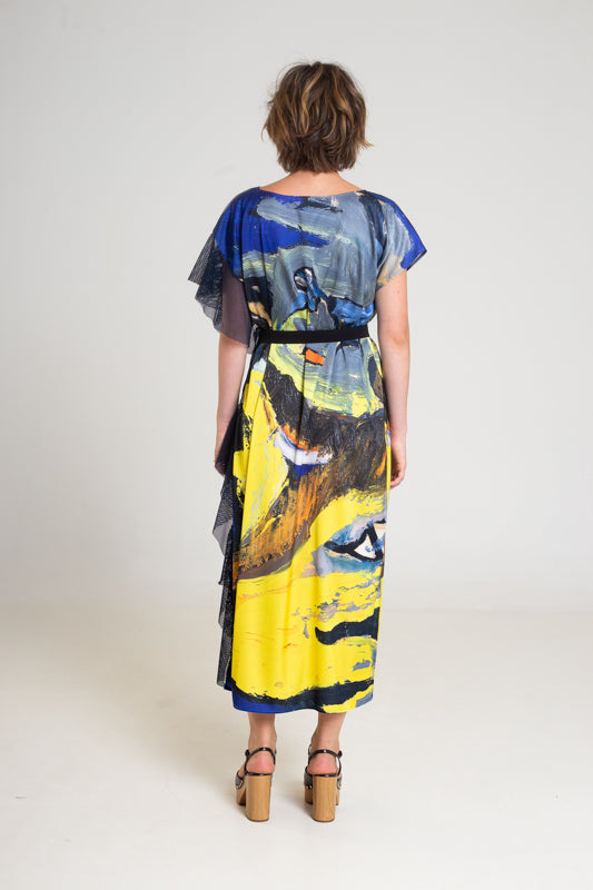 printed maxi dress with mesh frill details artista budapest