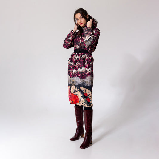 hooded jacket with inset stretchable belt