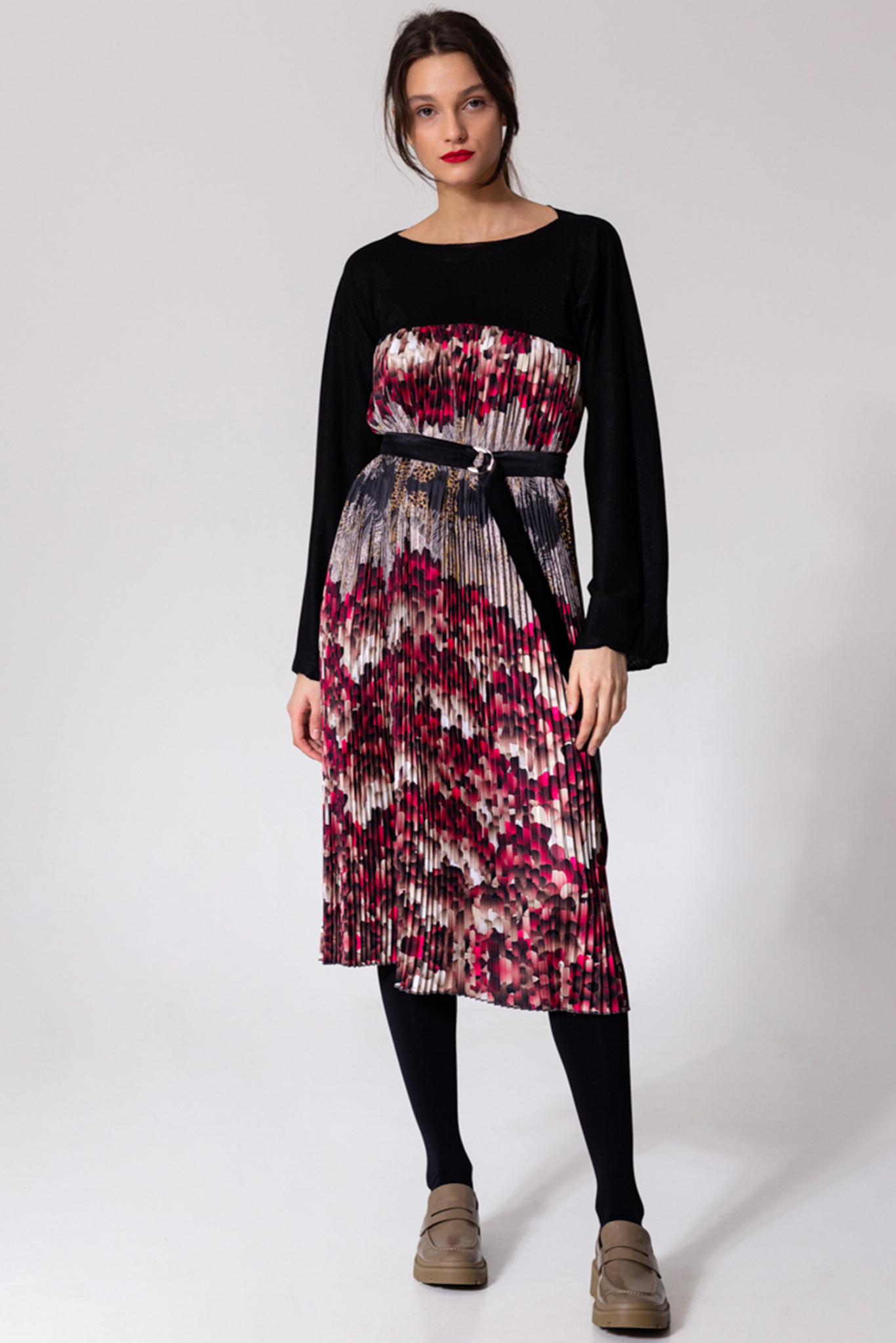 pleated midi dress with unique prints