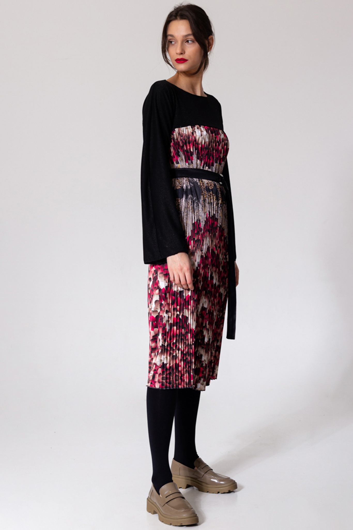 pleated midi dress with inset belt
