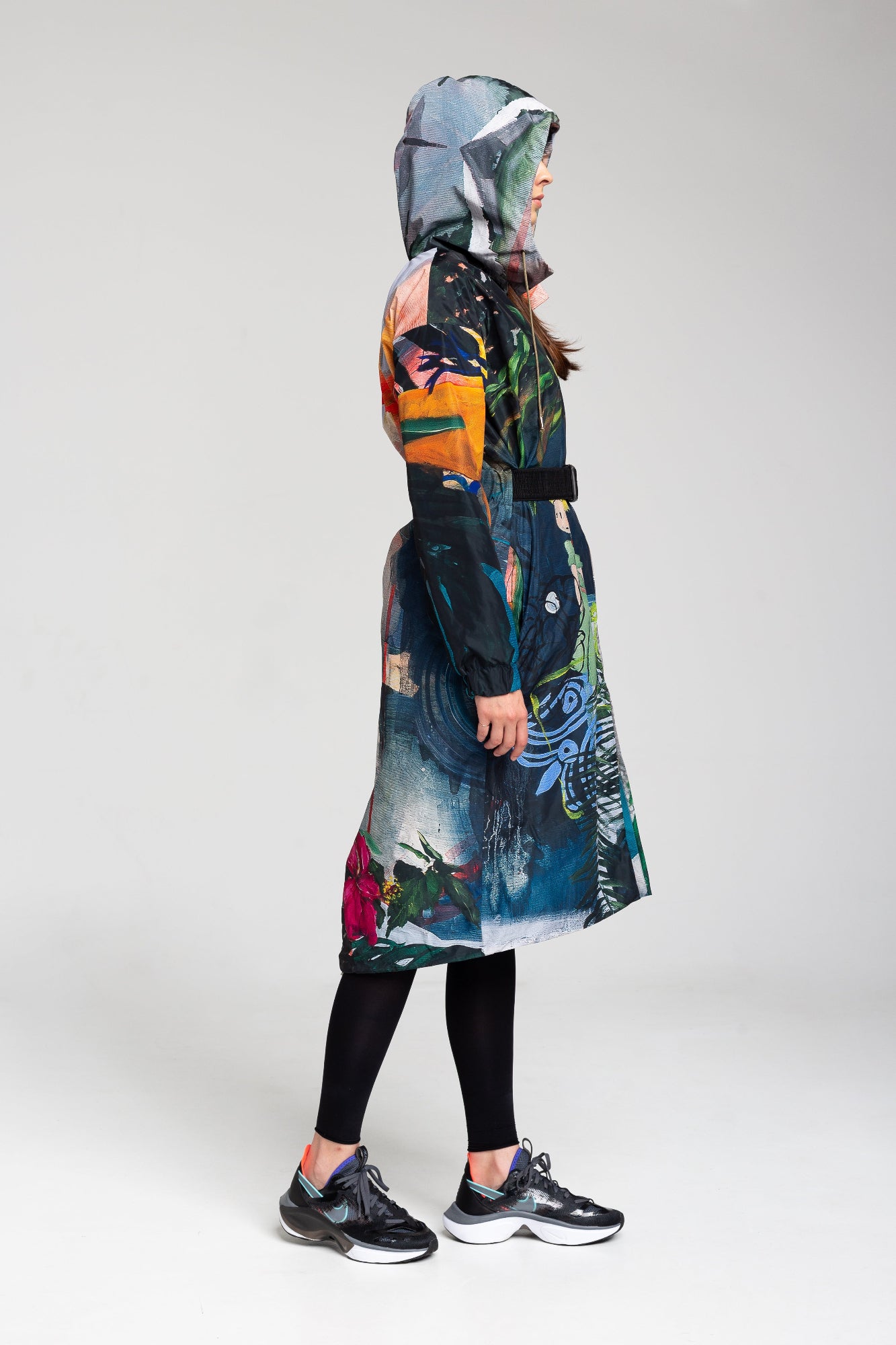hooded parka style jacket with elastic waist