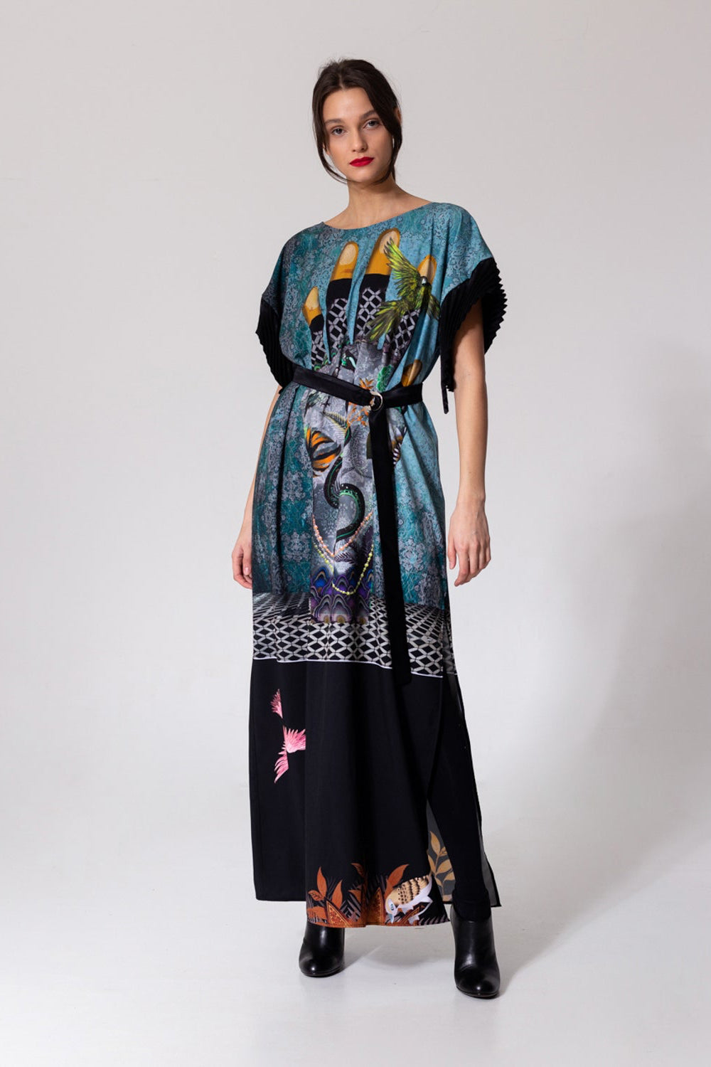 maxi dress with unique print and boat neck
