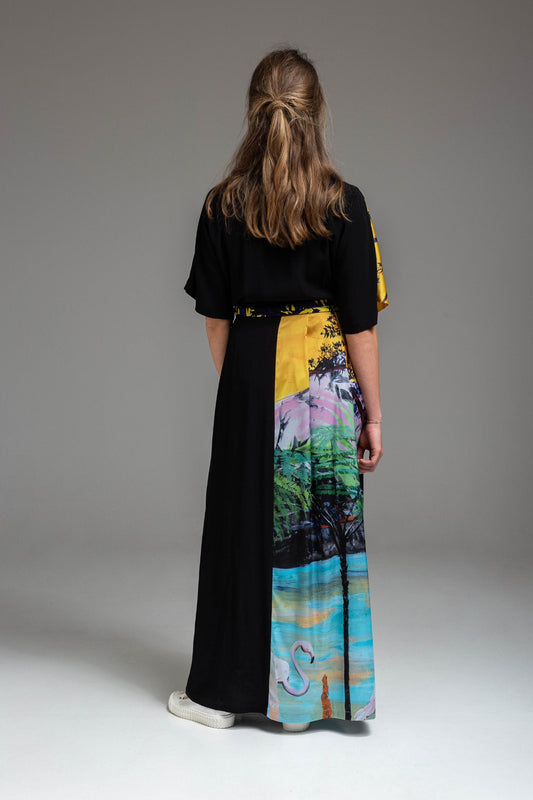 unique printed maxi dress inset tie belt artista budapest