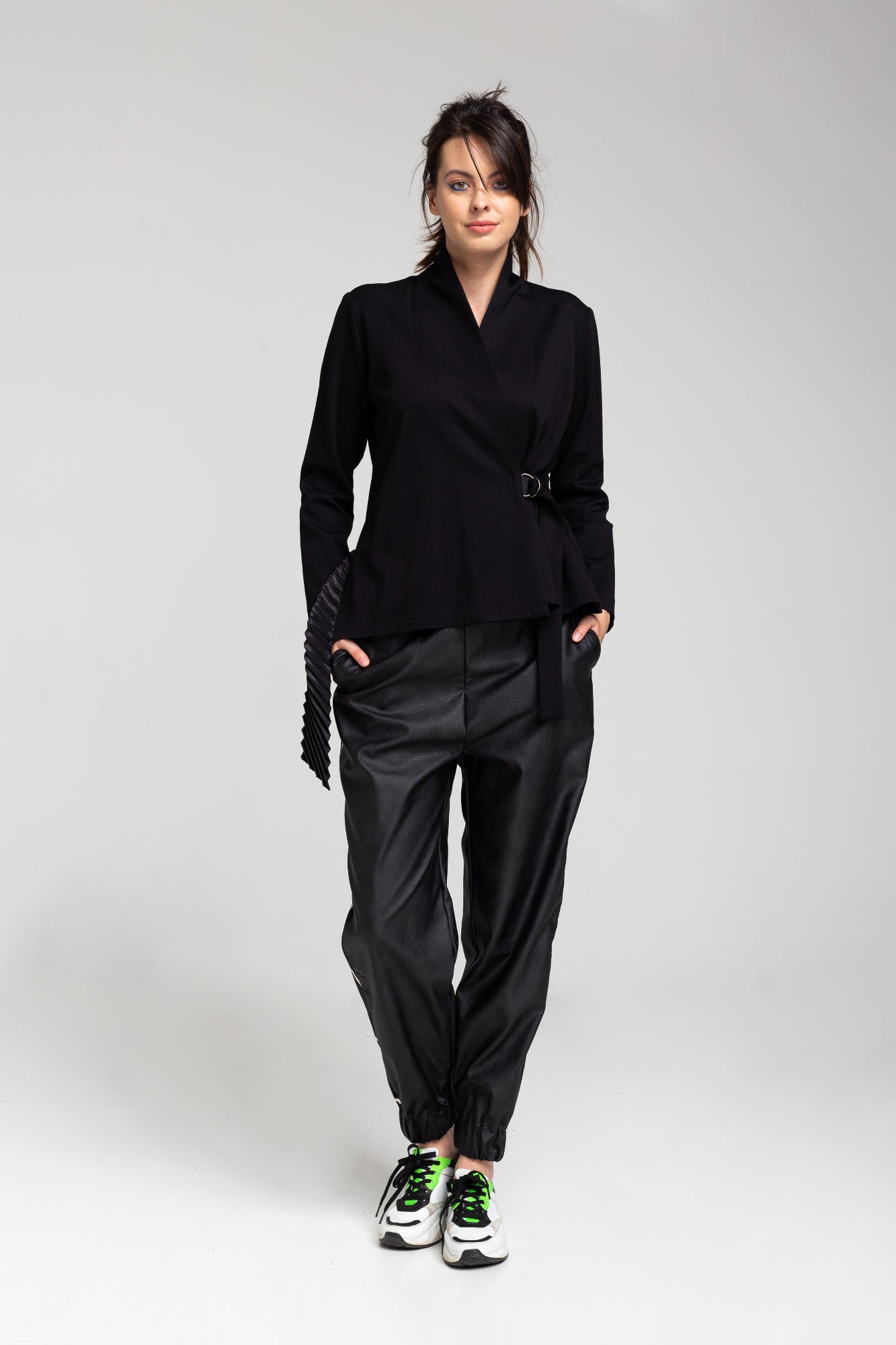 black jacket with wrap neckline