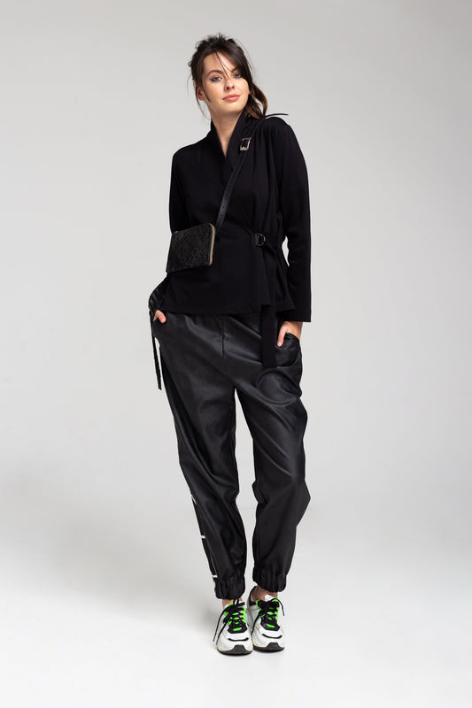 overlapped black jacket with inset belt