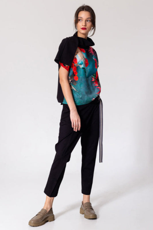 unique printed top with asymmetric neckline