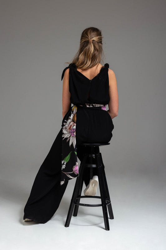 feminine wide leg cut jumpsuit with inset printed tie belt artista budapest