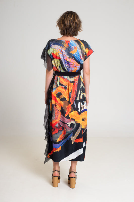 printed maxi dress with mesh frills artista budapest