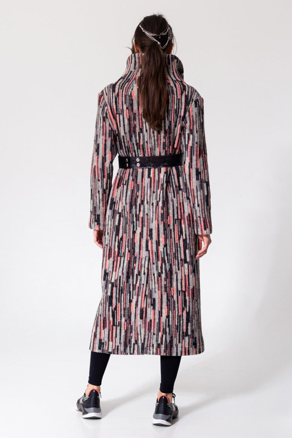 knitted maxi coat with leather belt