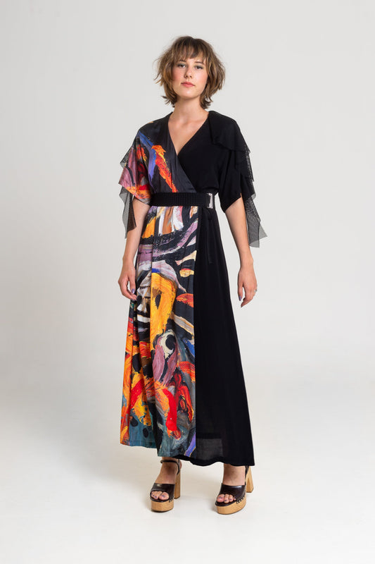 printed maxi dress with inset elastic belt artista budapest