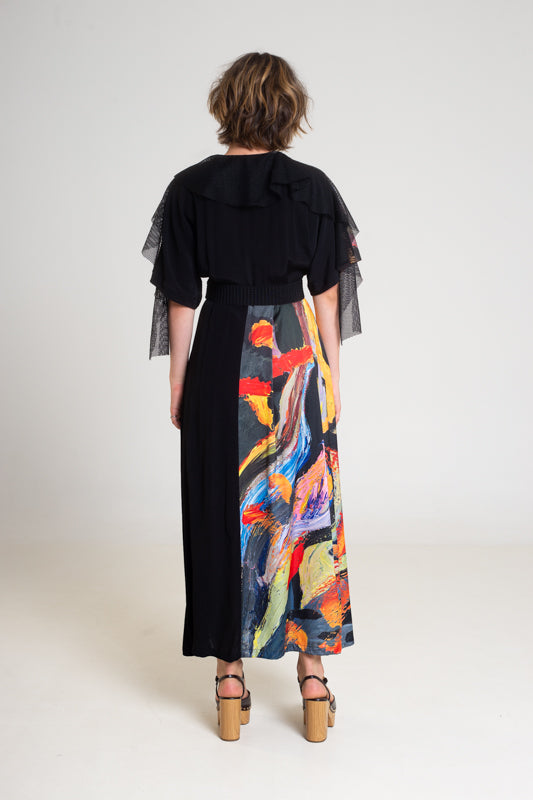 printed maxi dress with mesh frills on arms artista budapest