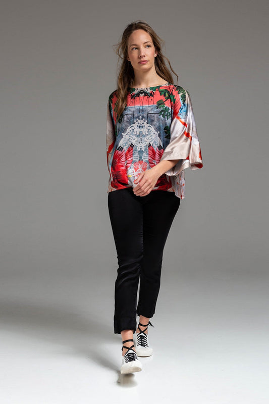 unique printed blouse with boat neck and 3/4 sleeves
