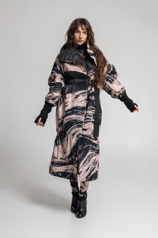printed maxi coat from lightweight waterresistant fabric