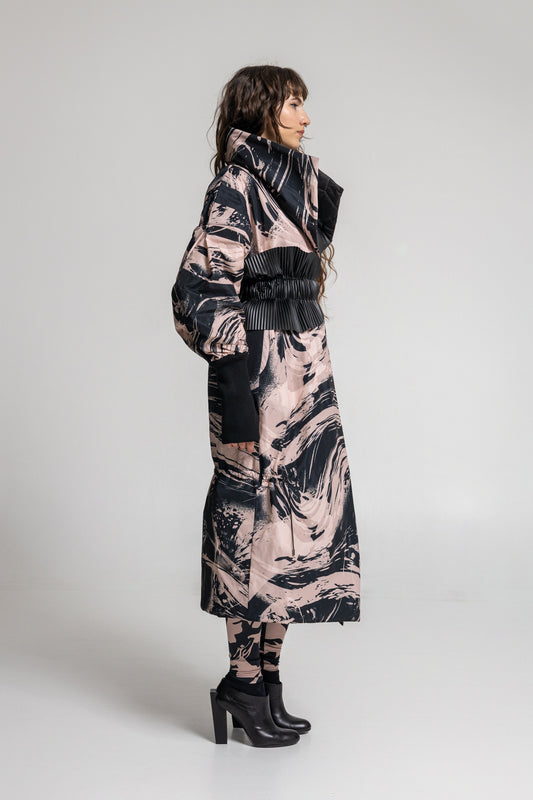 printed maxi coat designed with overlapping high collar