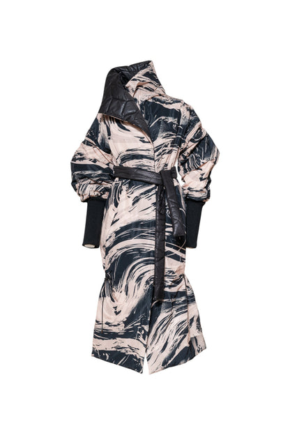 Amber Printed Maxi Coat swirling black and pale pink print design Artista Budapest