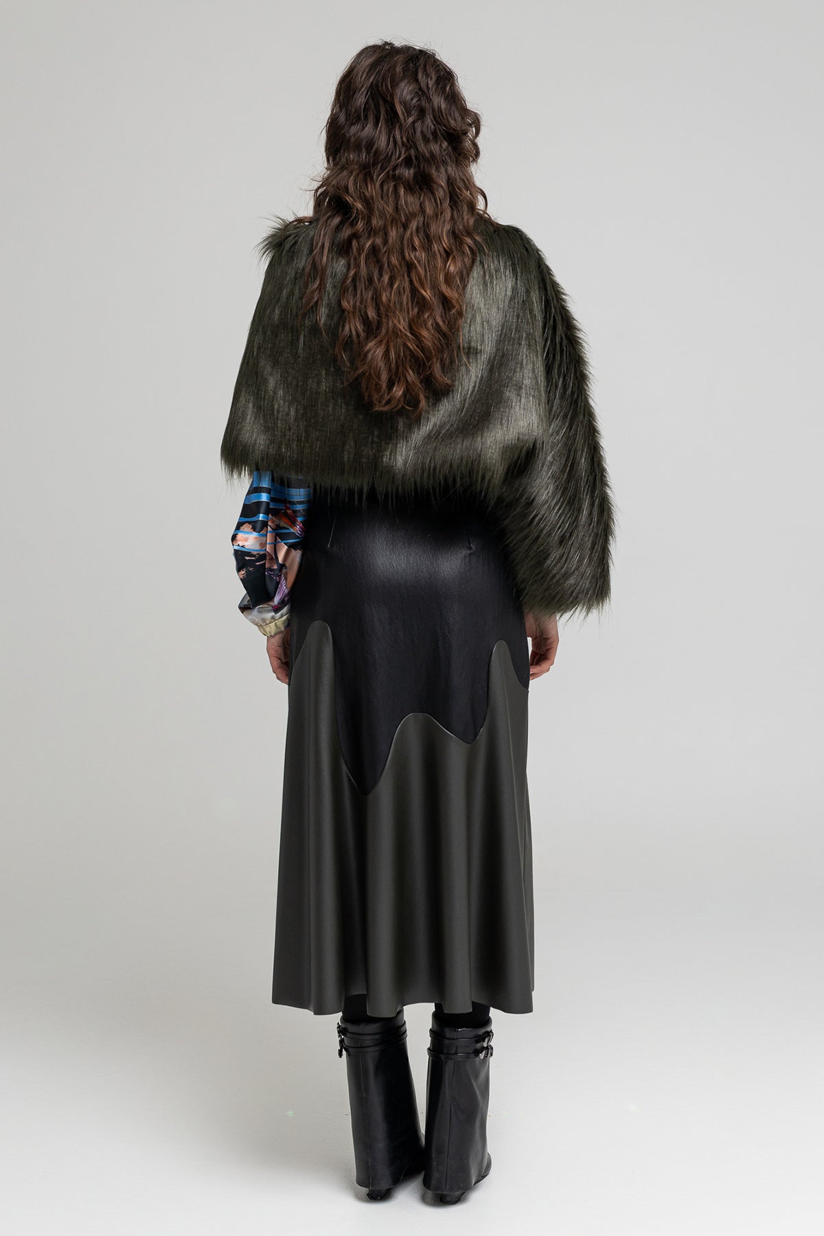 black-khaki eco-leather a-line midi skirt Artista Budapest