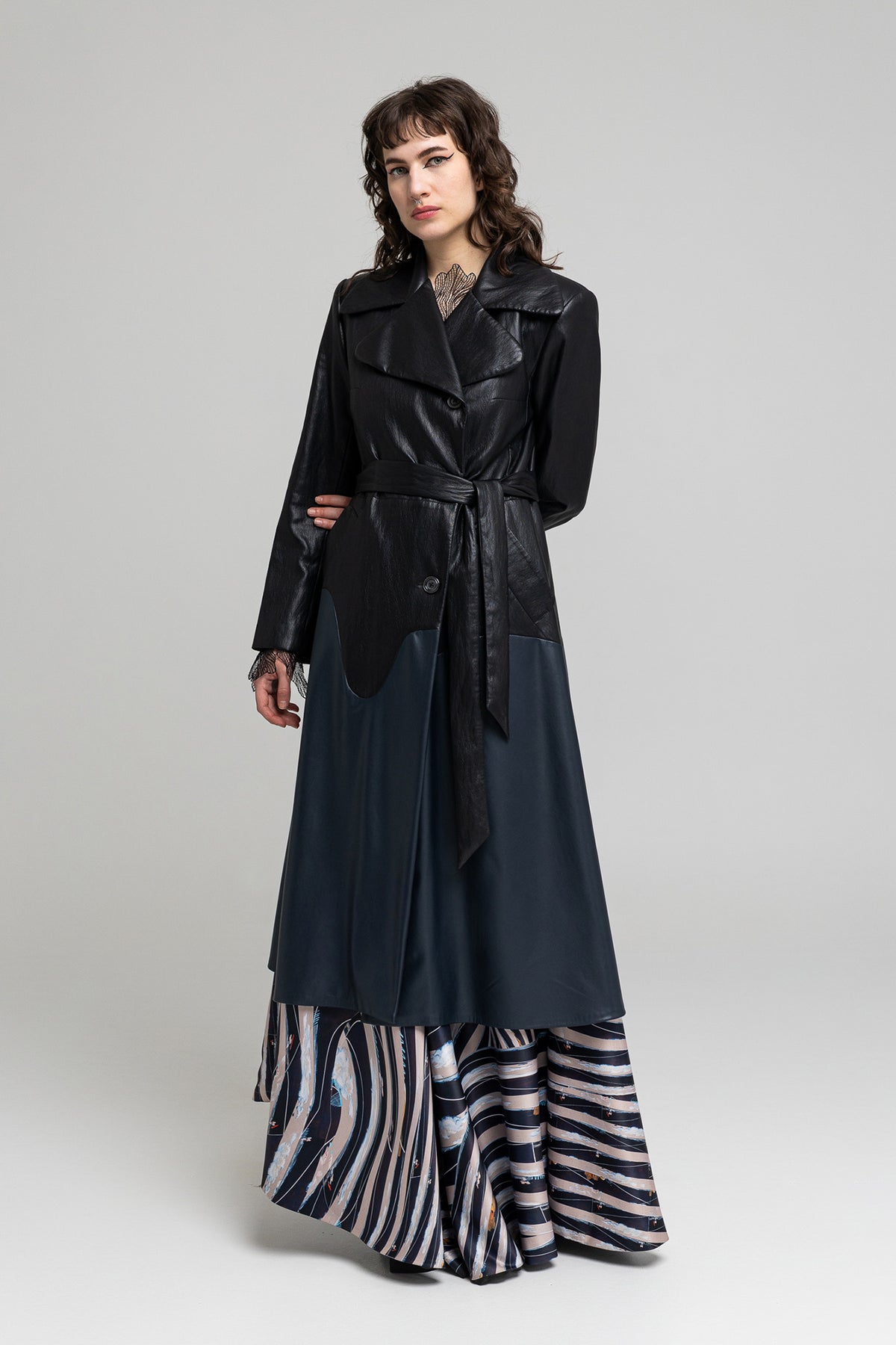double breasted eco-leather maxi coat in a-line shape artista budapest