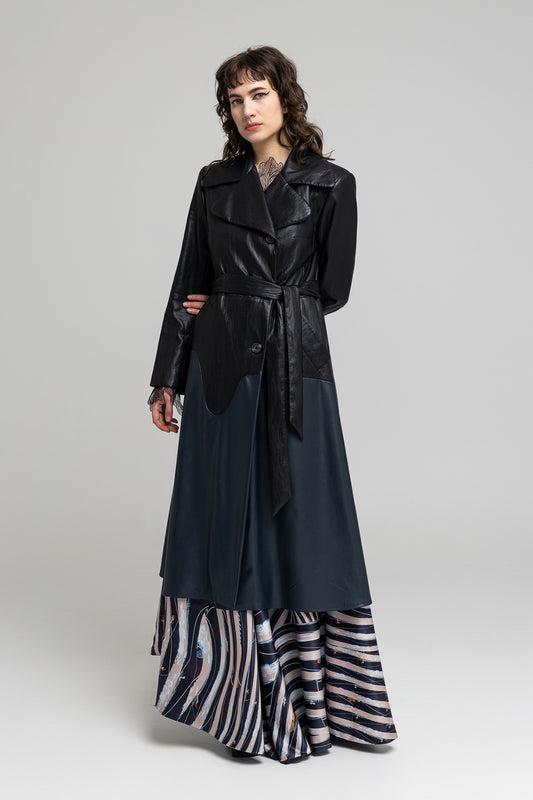 double breasted eco-leather maxi coat in a-line shape artista budapest