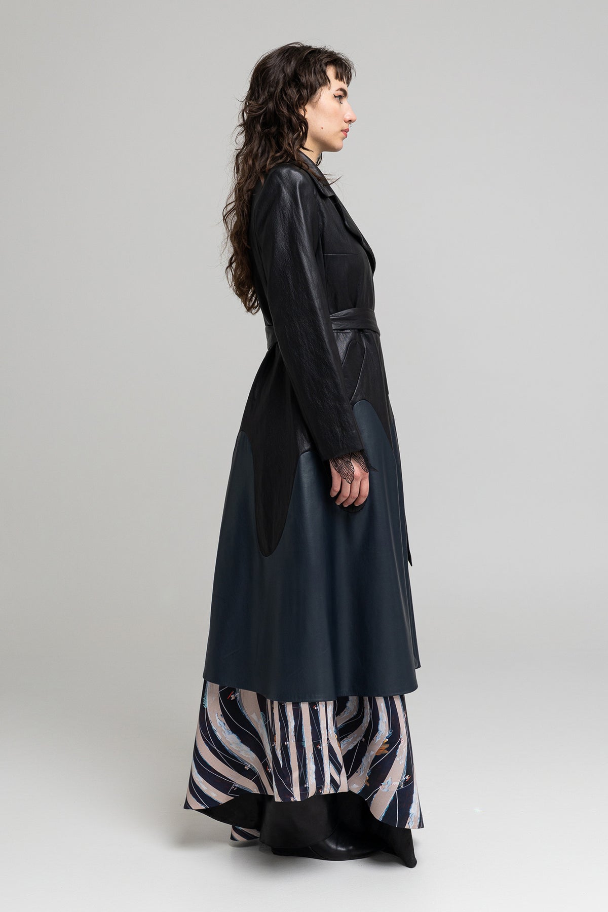 below-the-knee length eco-leather maxi coat artista budapest