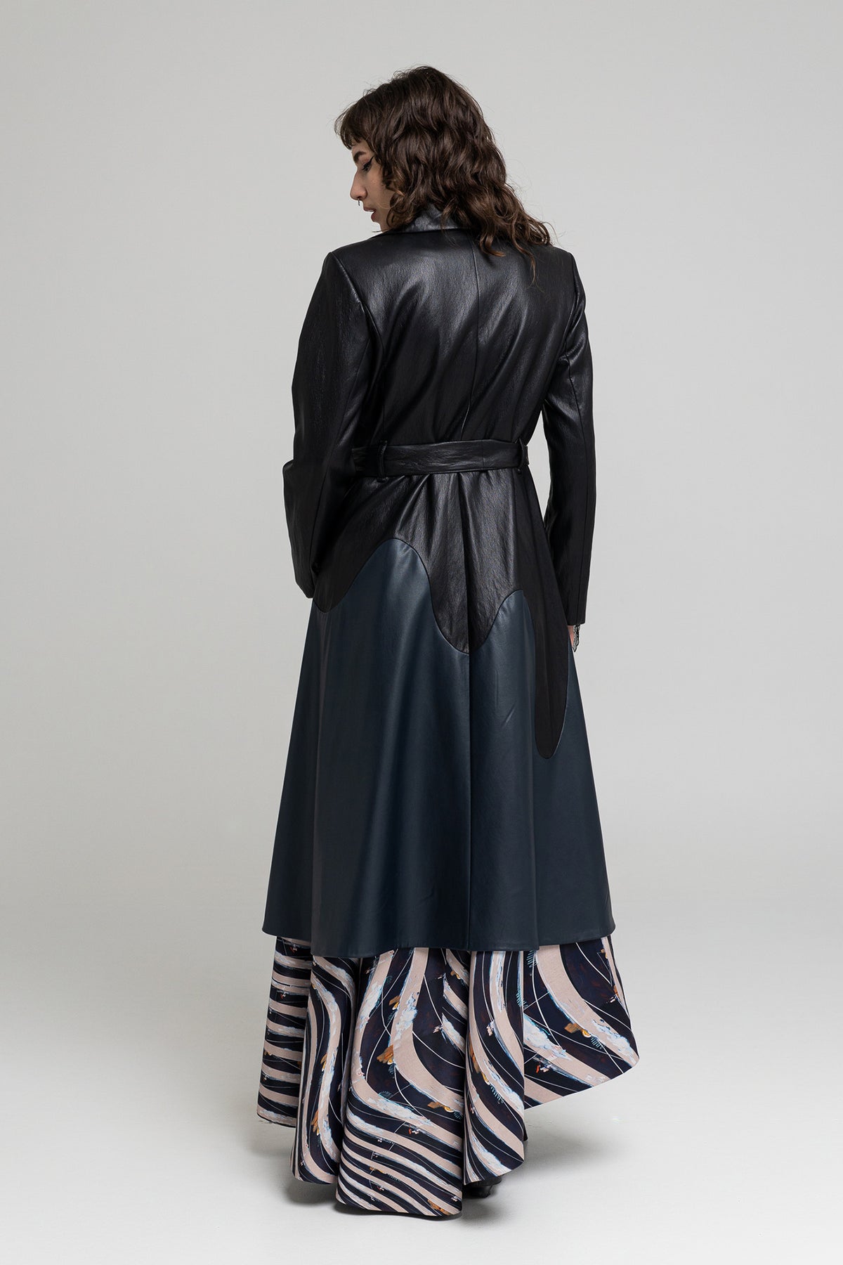 eco-leather a-shape maxi coat inset matching tie belt artista budapest