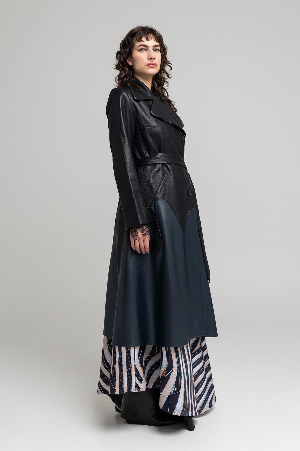 eco-leather maxi coat with shoulder pads artista budapest