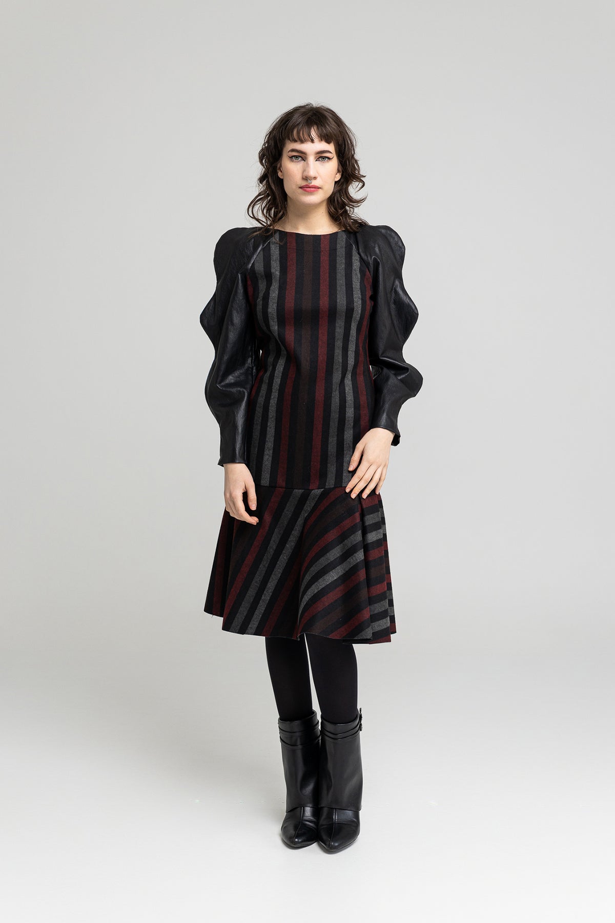 striped midi dress with curly long eco-leather sleeves artista budapest