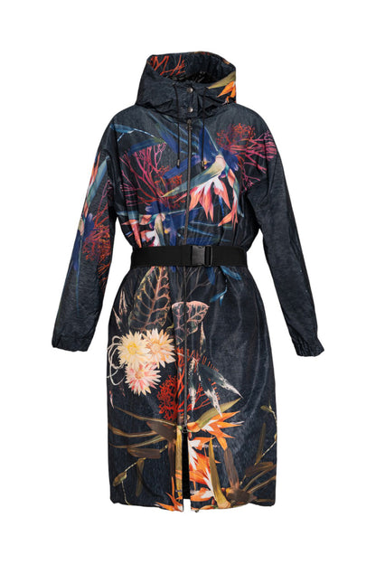 hooded jacket with unique floral print and zipped closure