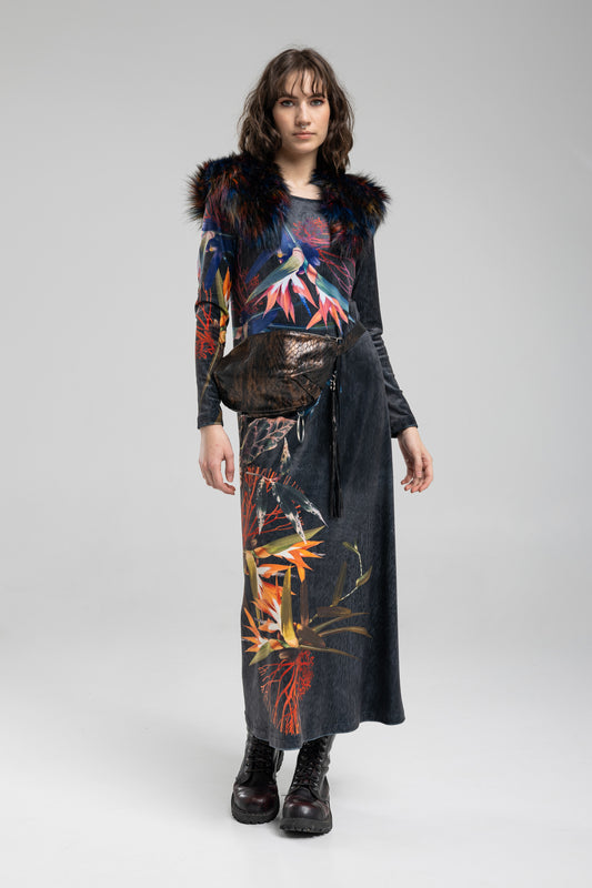 velvet maxi dress with boat neck and asymmetric floral print