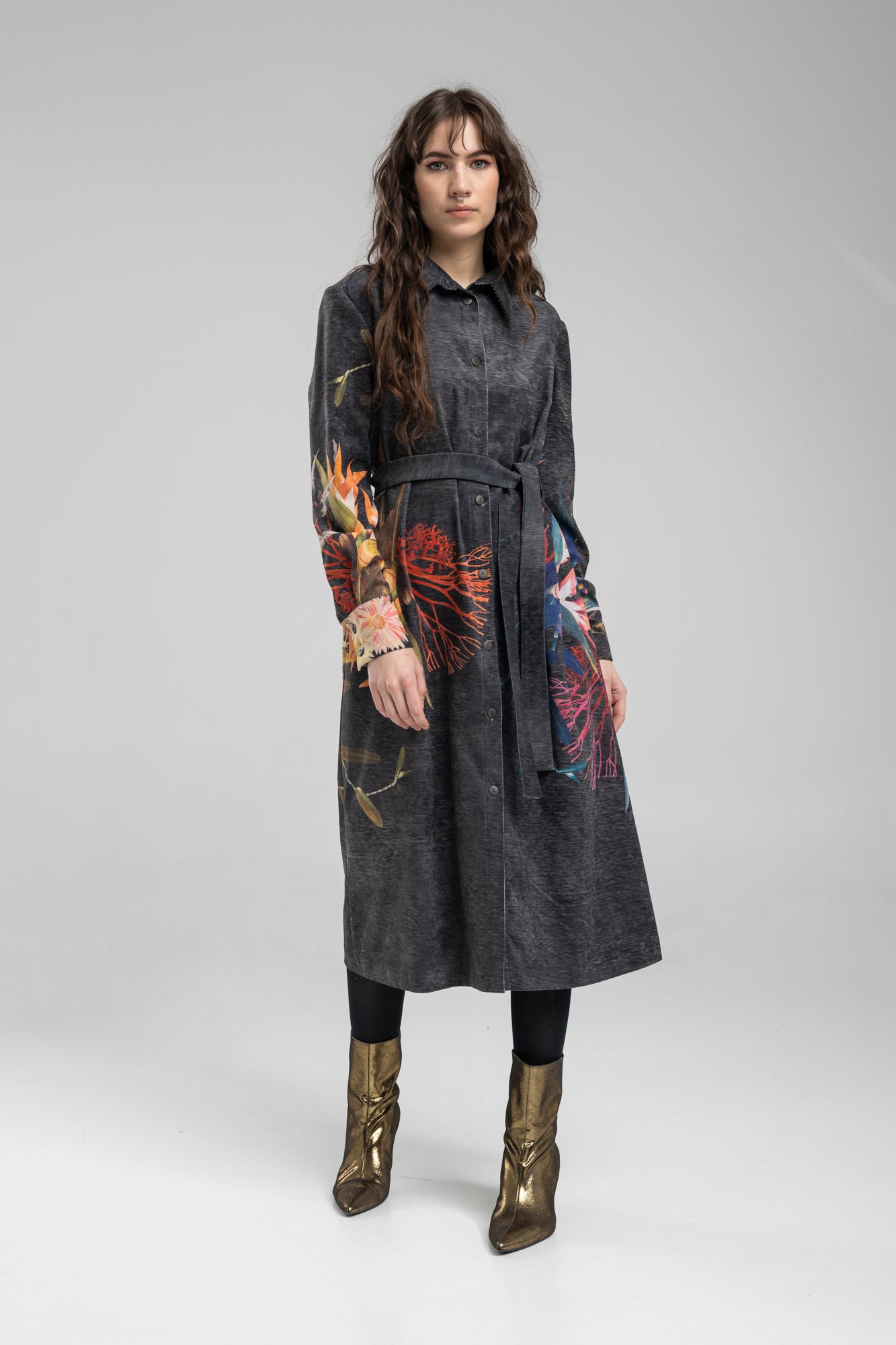 Beauty Washed Black Corduroy Floral Printed Shirt Dress Medium Beauty Washed Black Corduroy Floral Printed Shirt Dress Medium